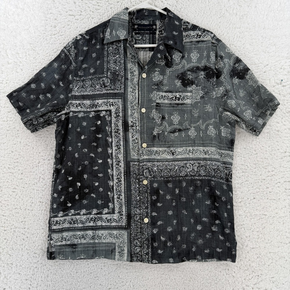 AllSaints Mens Small Black Paisley Bandana Short Sleeve Button Up Shirt Relaxed
